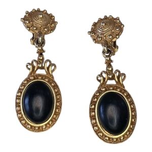 DKNY Donna Karan Couture Dark Green Cabochon Goldtone Clip Earrings